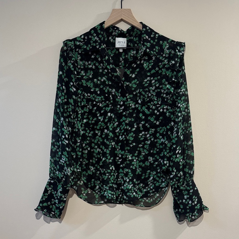 MISA‎ Floral Button Up Ruffled Blouse Size XS